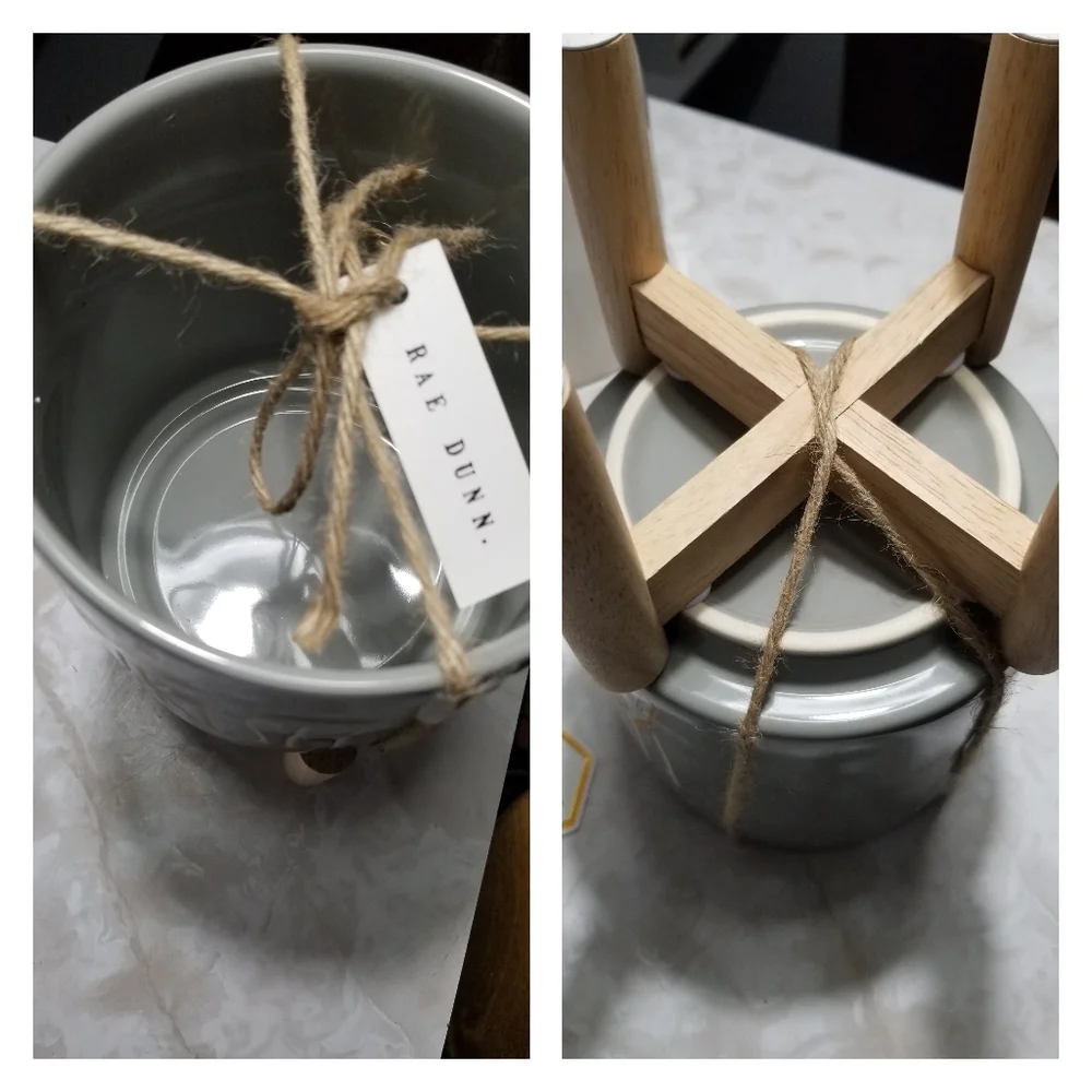 Rae Dunn ceramic Gray FLOURISH 5 1/2" planter with wood stand flower plant - Picture 4 of 5